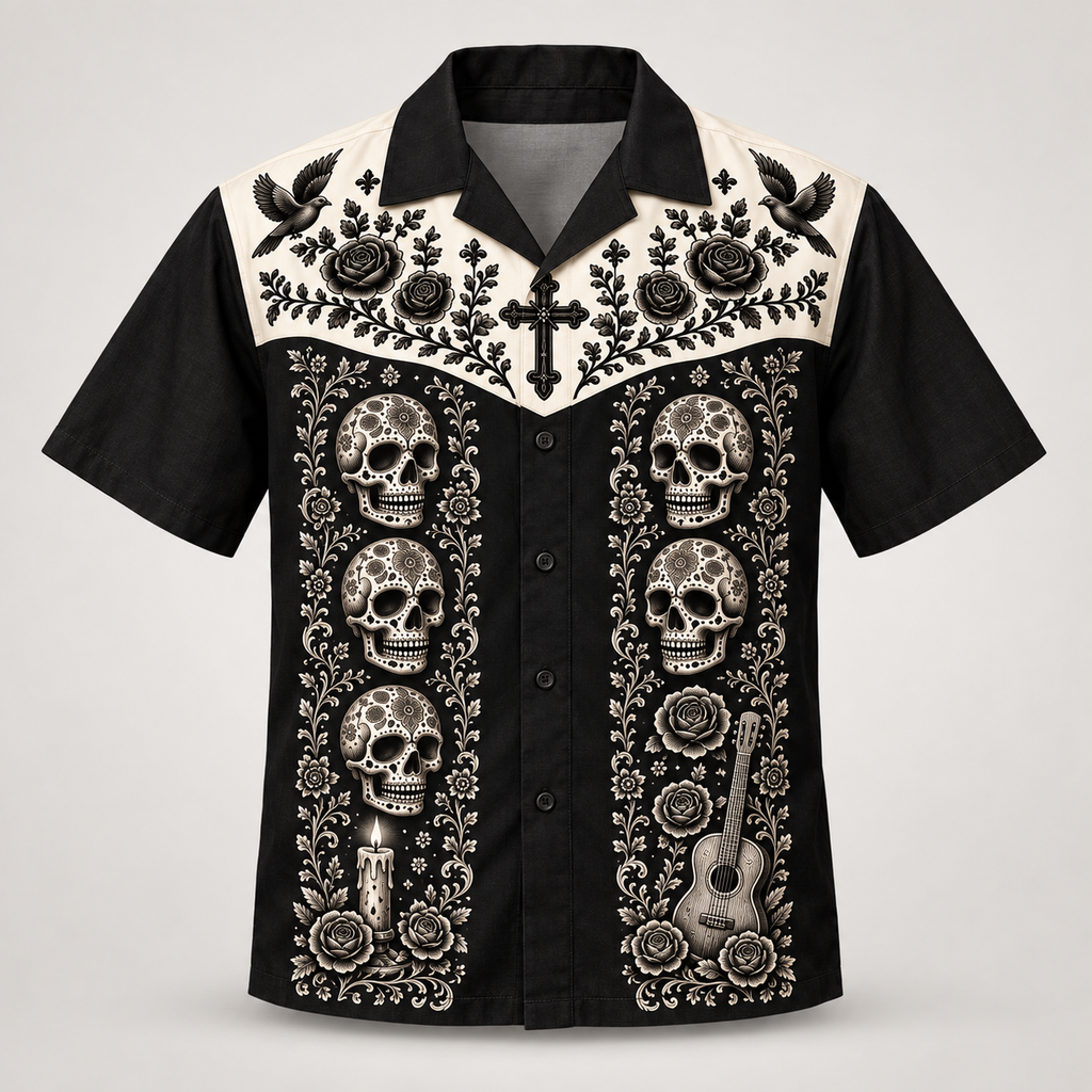 Dia de los Muertos mariachi design on a Hawaiian camp shirt, front view