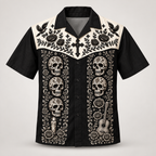 Dia de los Muertos mariachi design on a Hawaiian camp shirt, front view
