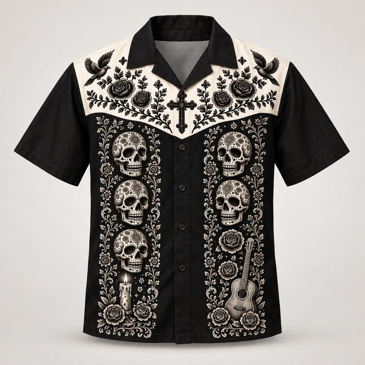 Dia de los Muertos mariachi design on a Hawaiian camp shirt, front view