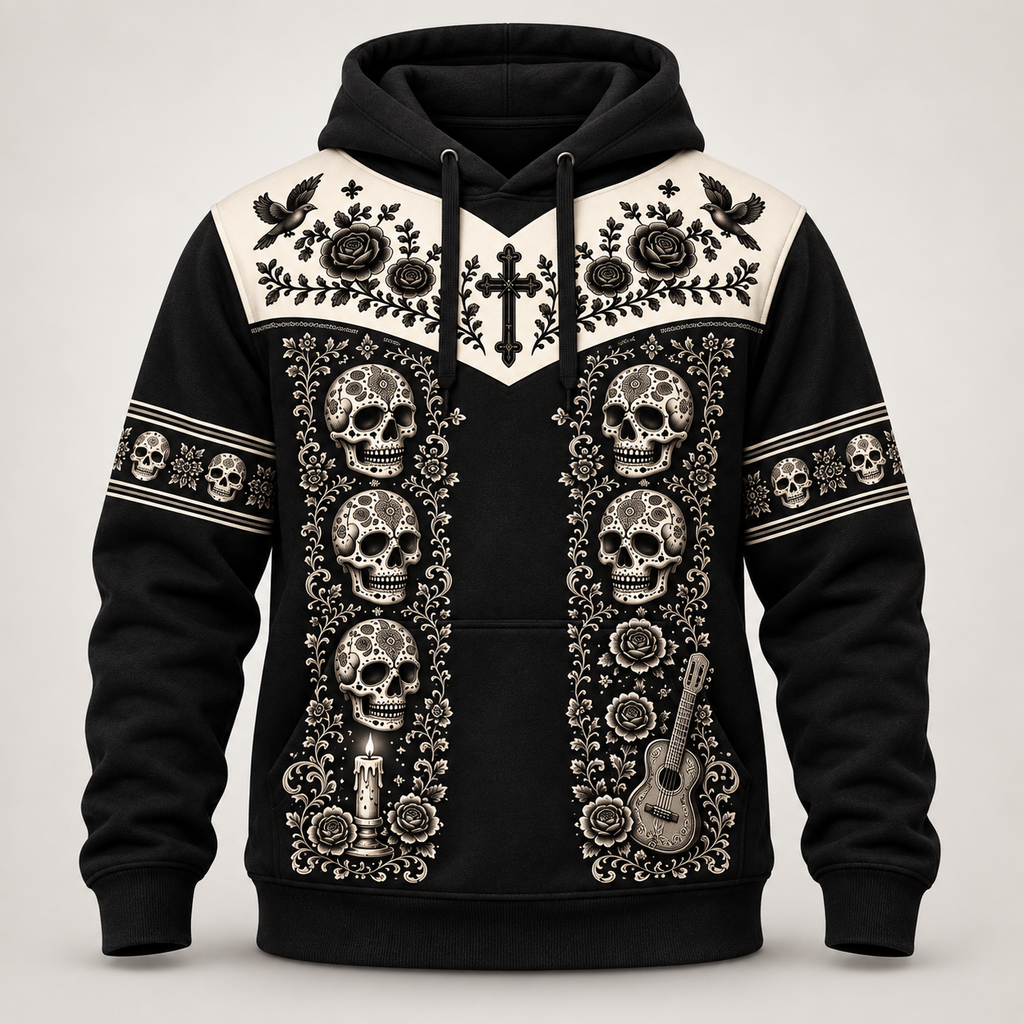 Dia de los Muertos mariachi design on a pullover hoodie, front view