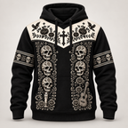 Dia de los Muertos mariachi design on a pullover hoodie, front view