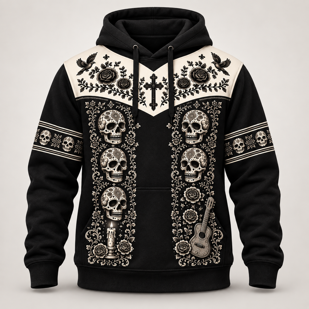 Dia de los Muertos mariachi design on a pullover hoodie, front view