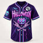 Halloween baseball jersey in violet with hot pink and cyan neon artwork