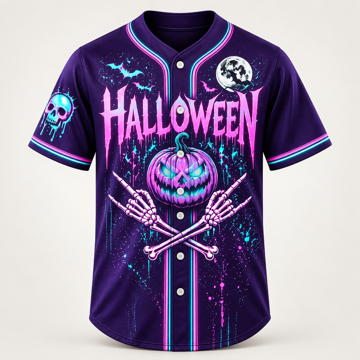 Halloween baseball jersey in violet with hot pink and cyan neon artwork