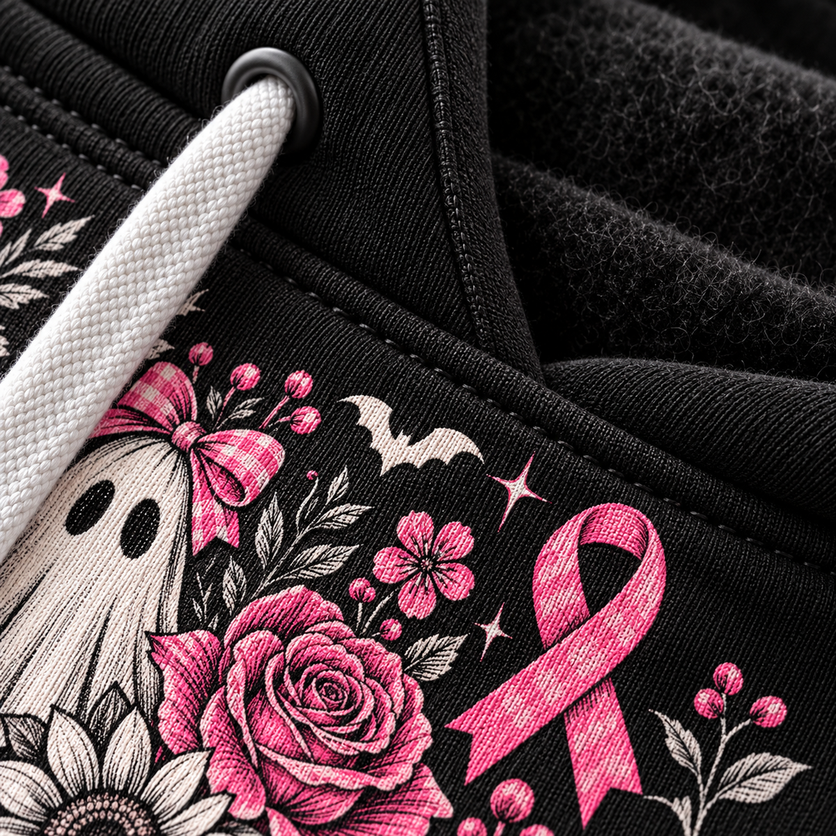 Close-up of the pink floral and ribbon print on the black brushed fleece fabric
