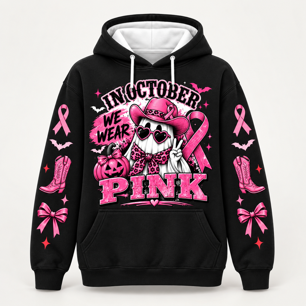 Black all-over print hoodie, front view, In October We Wear Pink with a pink cowgirl ghost and awareness ribbon