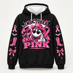 Black all-over print hoodie, front view, In October We Wear Pink with a pink cowgirl ghost and awareness ribbon