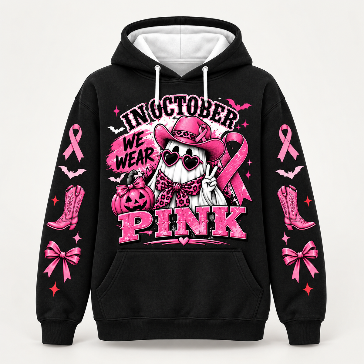 Black all-over print hoodie, front view, In October We Wear Pink with a pink cowgirl ghost and awareness ribbon