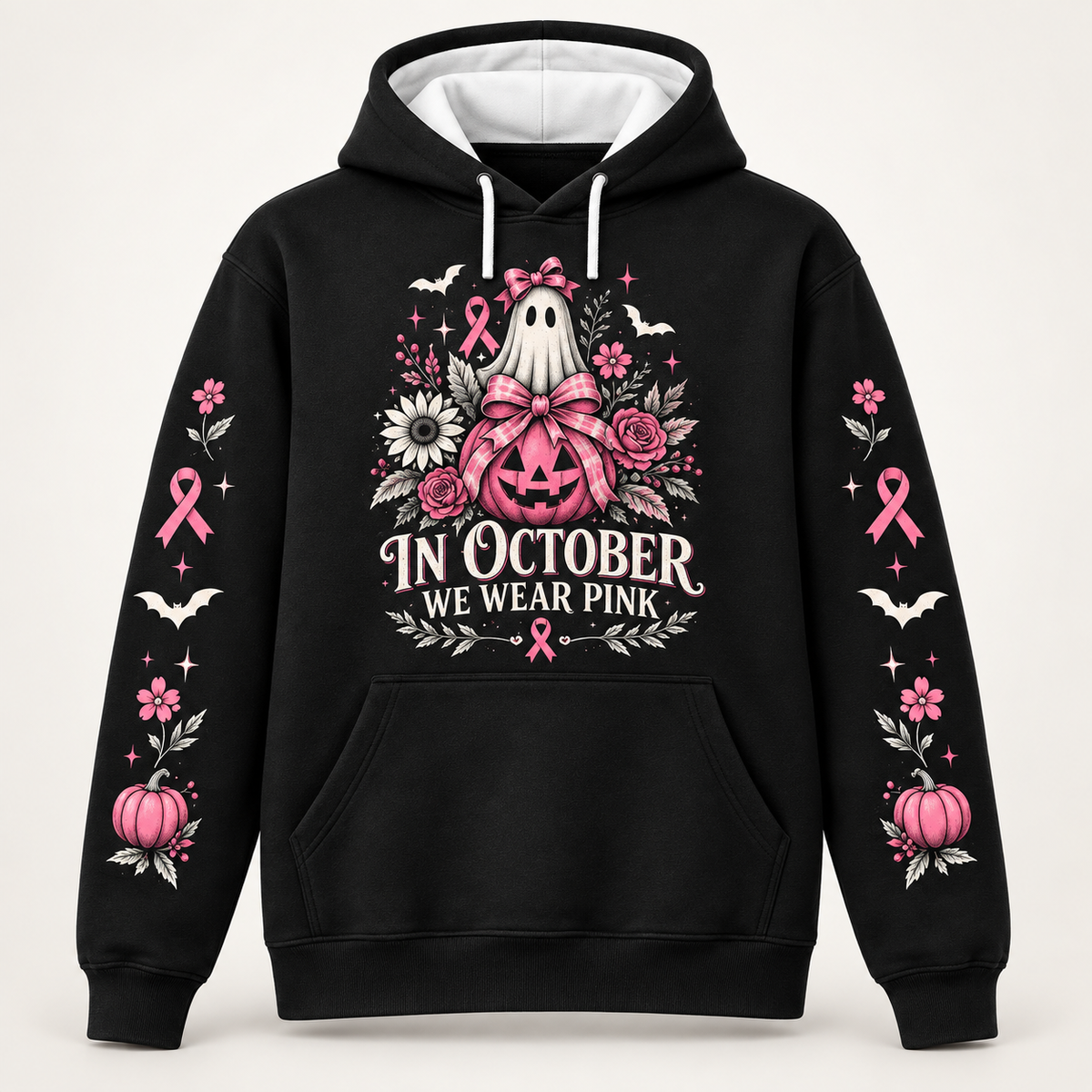 Black all-over print hoodie, front view, vintage pink floral ghost and pumpkin with In October We Wear Pink