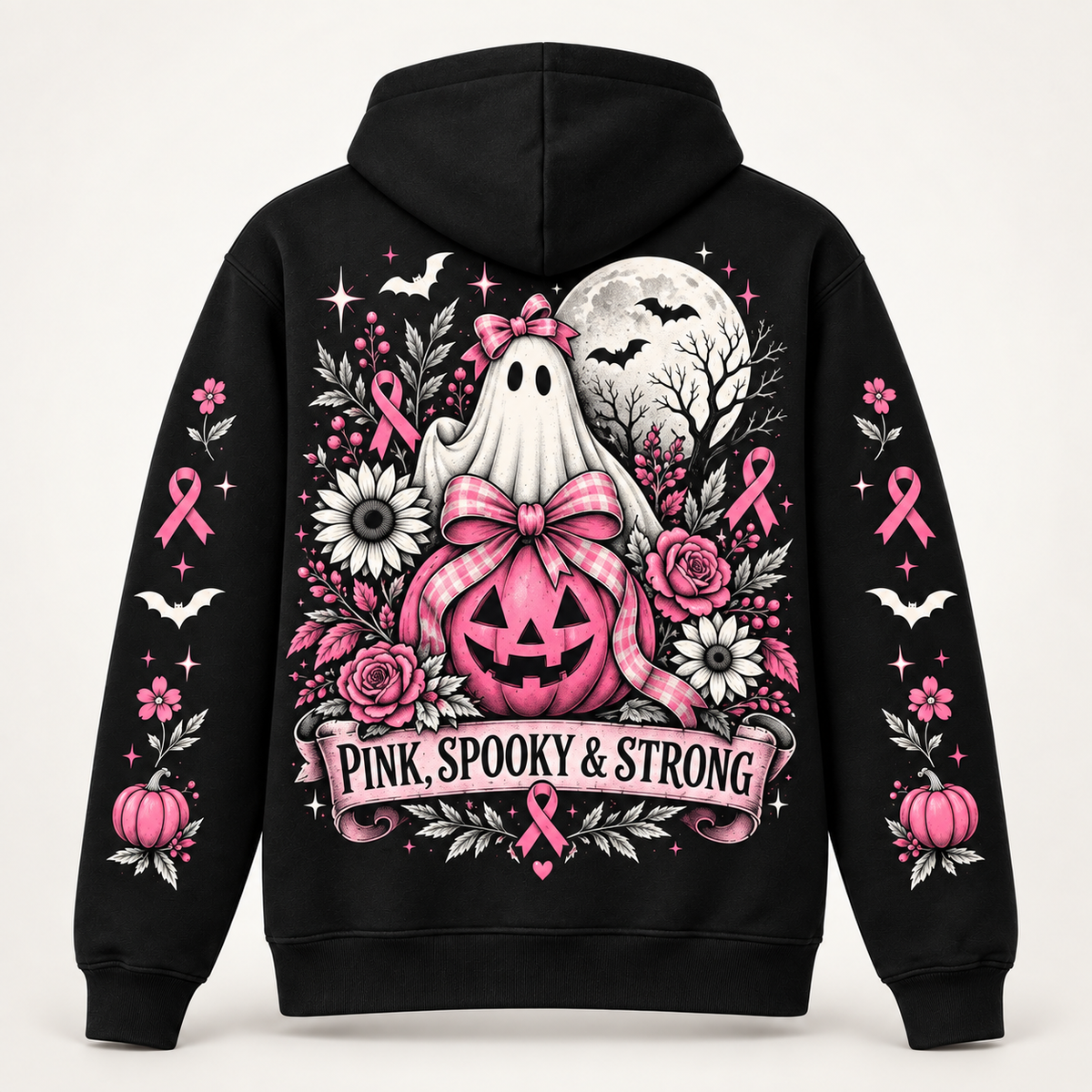 Back view with a ghost and pink jack-o-lantern among roses and daisies under a full moon, banner reading Pink Spooky and Strong