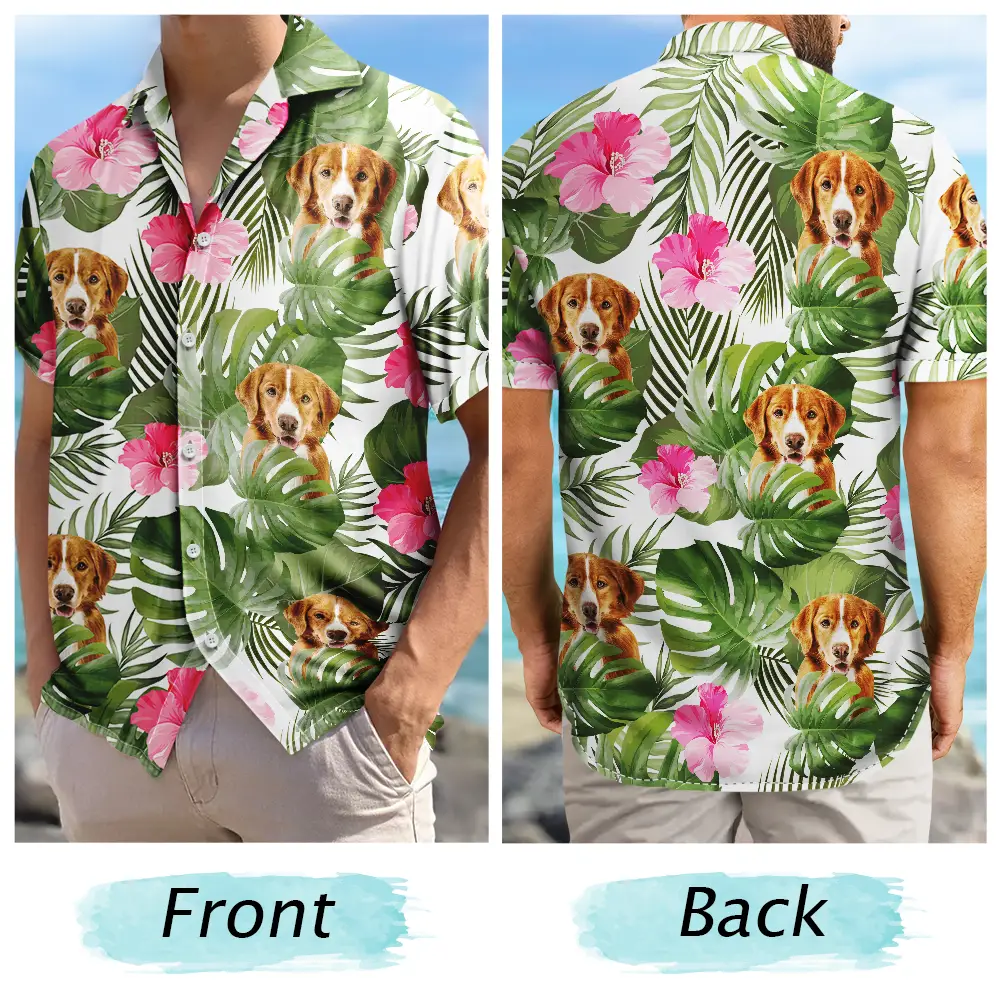 Custom Photo Tropical Leaves Funny Family Pet Face - Personalized Hawaiian Shirt