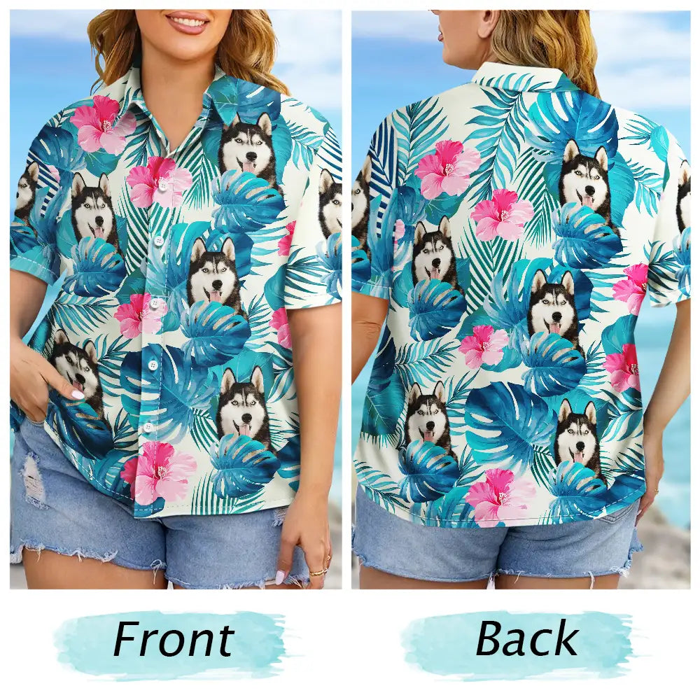 Custom Photo Tropical Leaves Funny Family Pet Face - Personalized Hawaiian Shirt