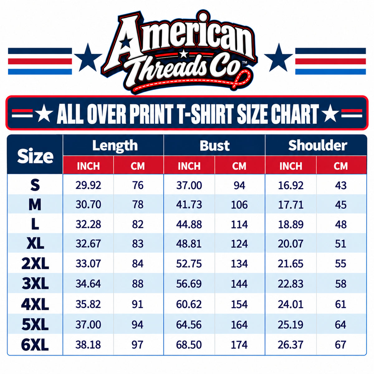 Crew neck t-shirt size chart