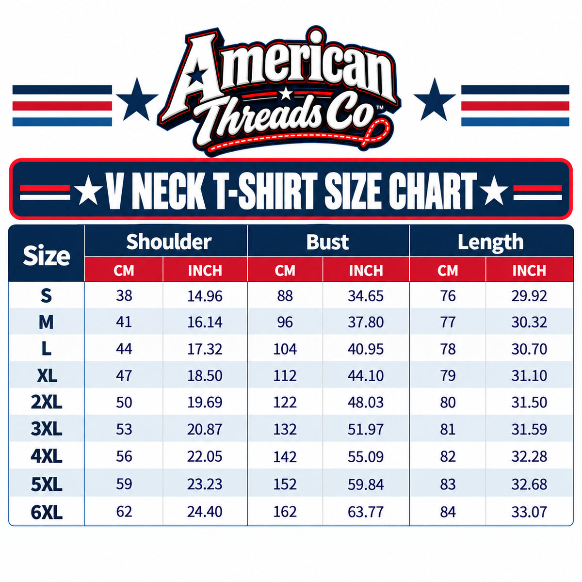 V-neck t-shirt size chart