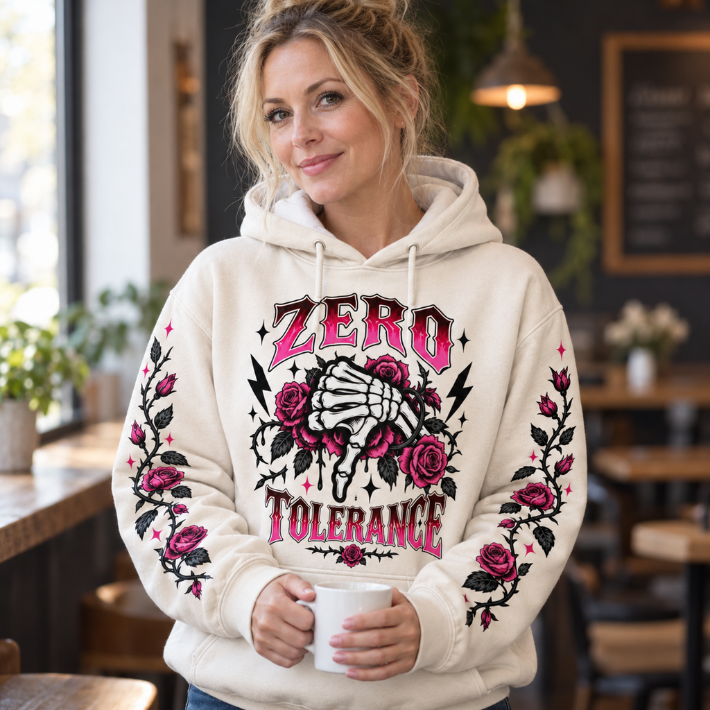 Woman wearing the Not Today Satan hoodie in a coffee shop, holding a mug
