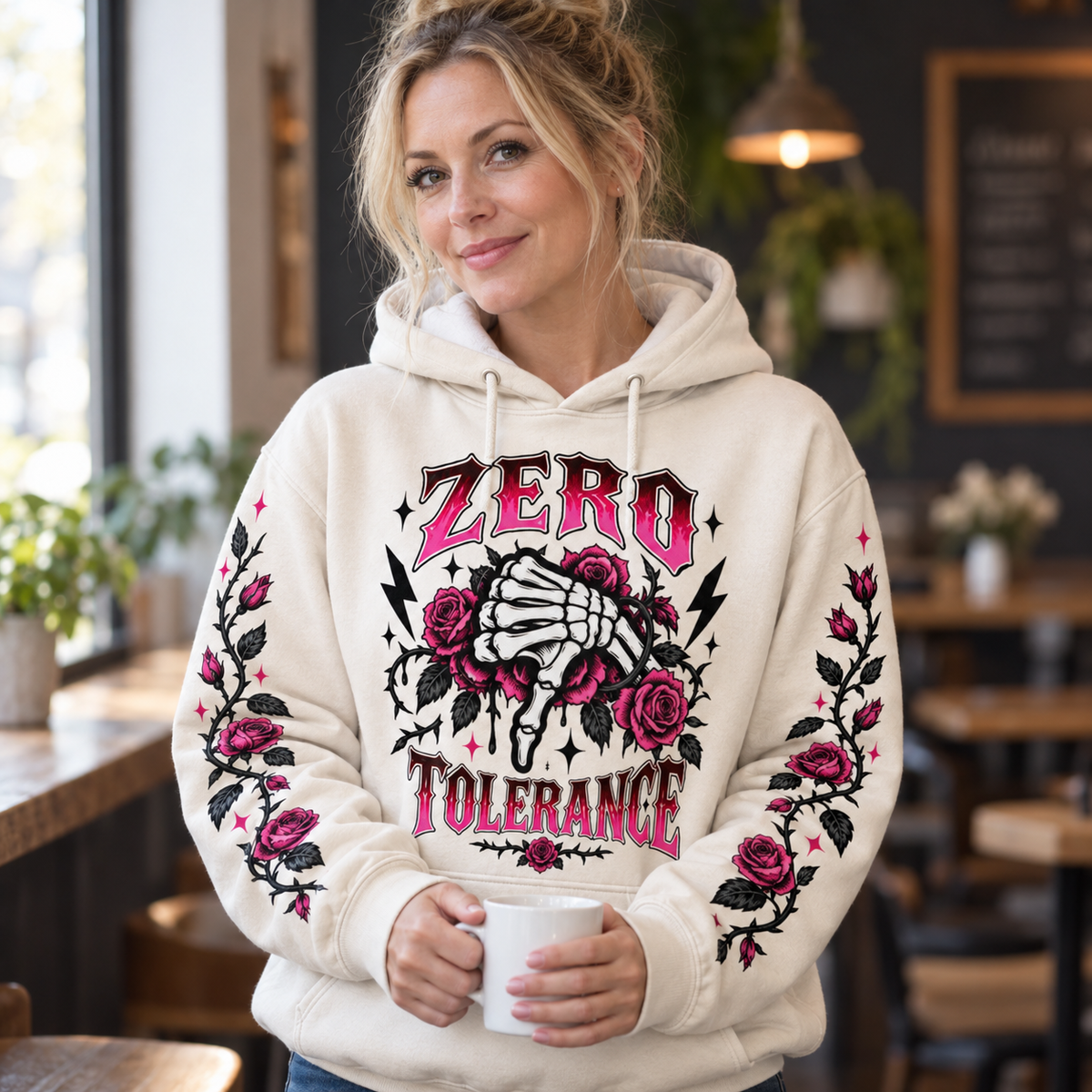 Woman wearing the Not Today Satan hoodie in a coffee shop, holding a mug