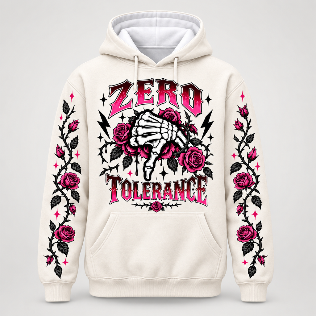 Not Today Satan gothic rose hoodie in bone cream, front view with Zero Tolerance print