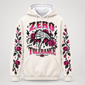 Not Today Satan gothic rose hoodie in bone cream, front view with Zero Tolerance print