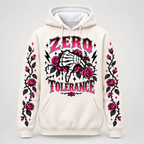 Not Today Satan gothic rose hoodie in bone cream, front view with Zero Tolerance print