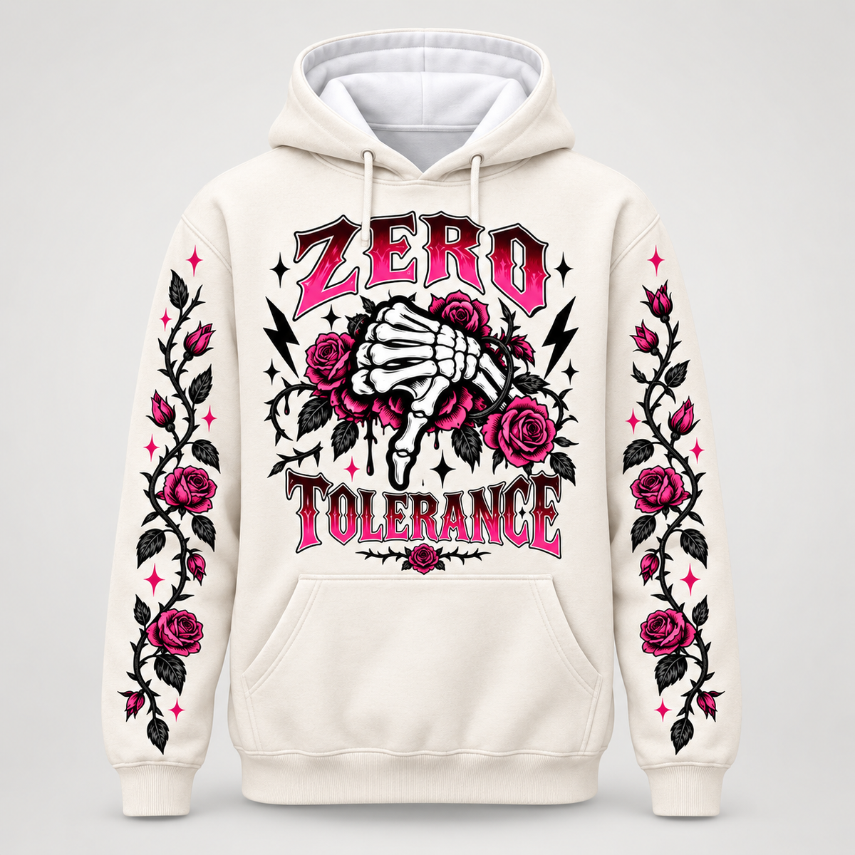 Not Today Satan gothic rose hoodie in bone cream, front view with Zero Tolerance print