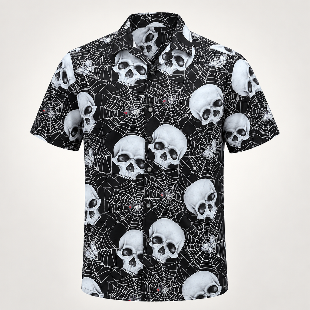 Black and white skull and cobweb Halloween Hawaiian shirt