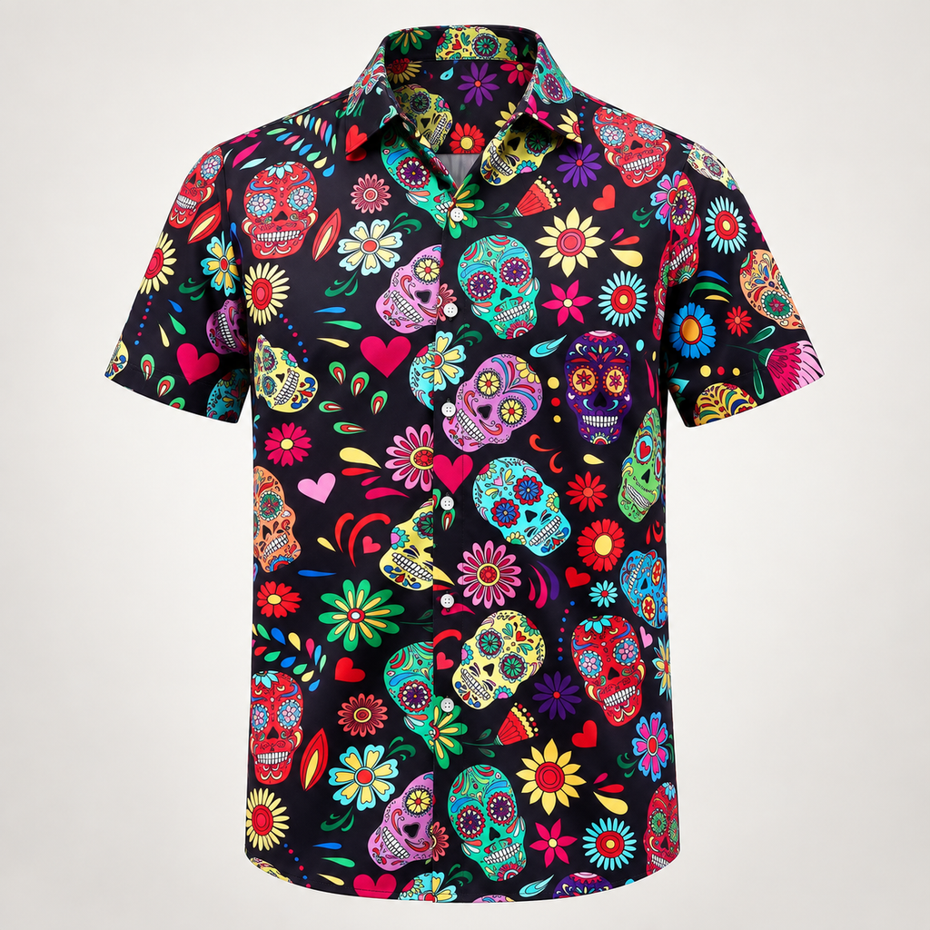 Multicoloured sugar skull Day of the Dead Hawaiian shirt