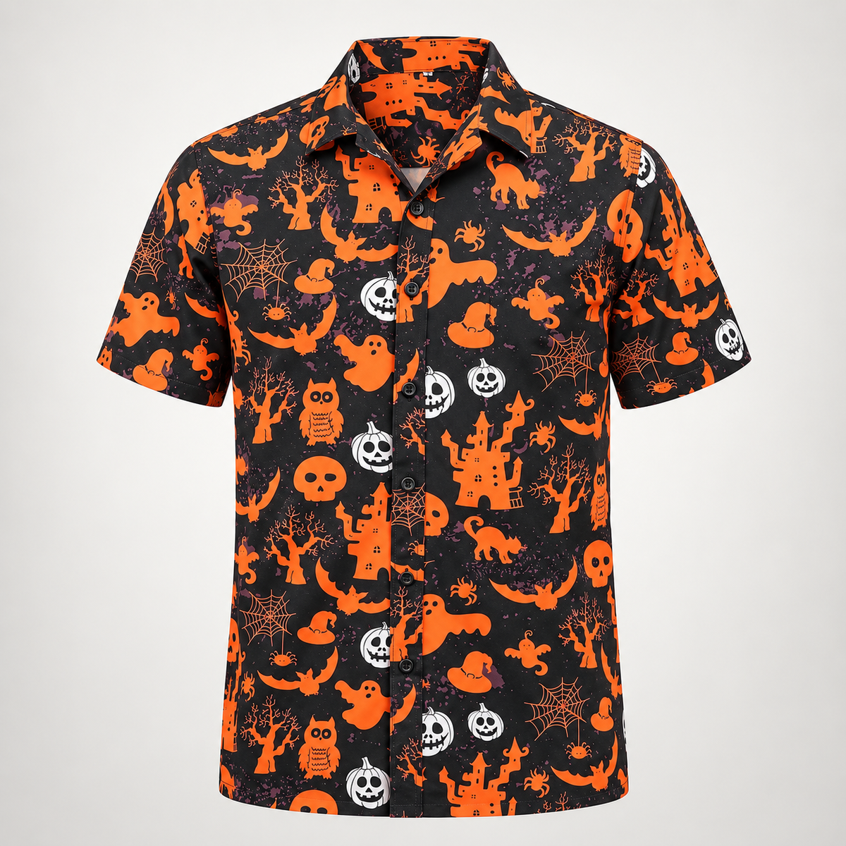 Orange ghost pumpkin and haunted house Halloween Hawaiian shirt