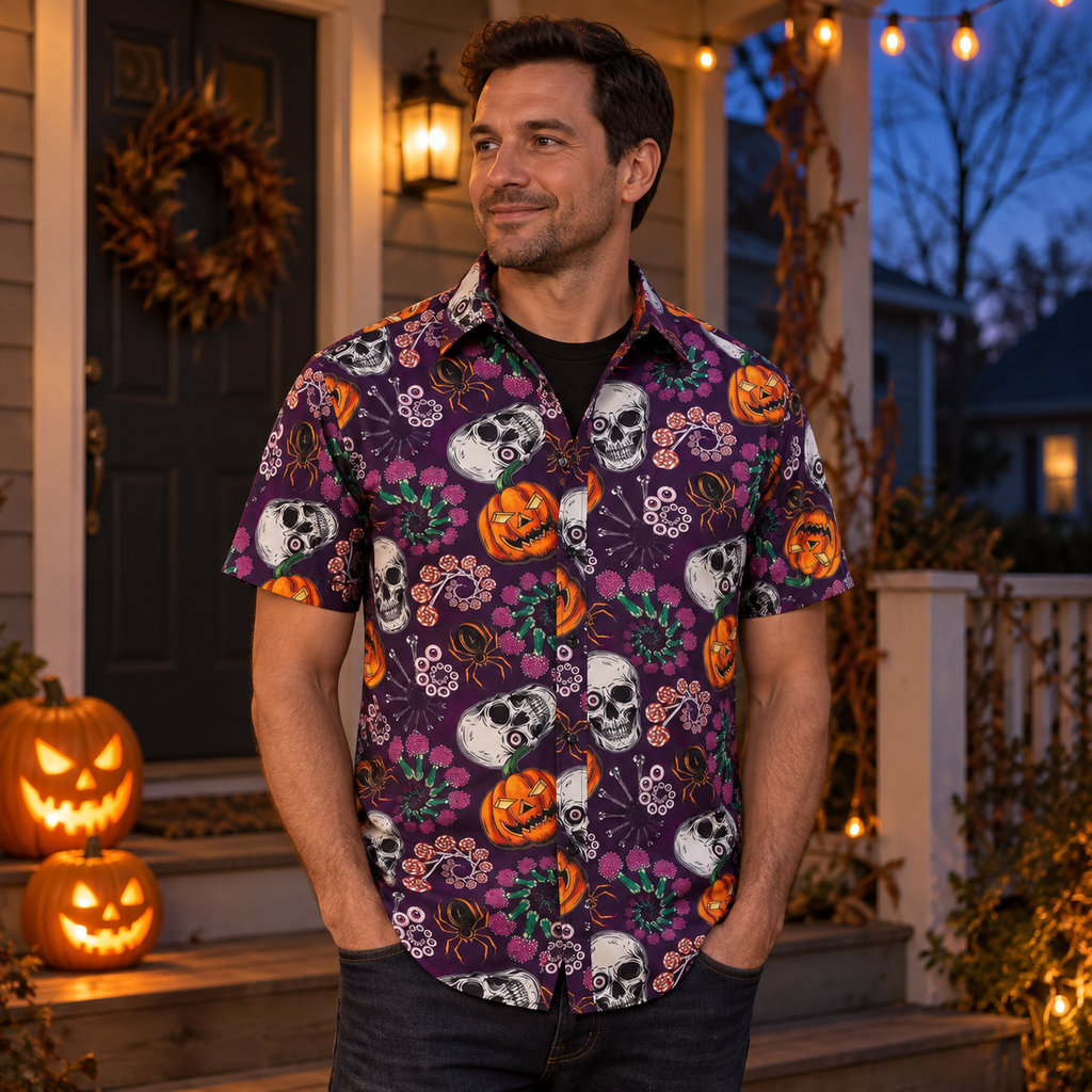 Man wearing the purple pumpkin and skull Halloween Hawaiian shirt on a porch