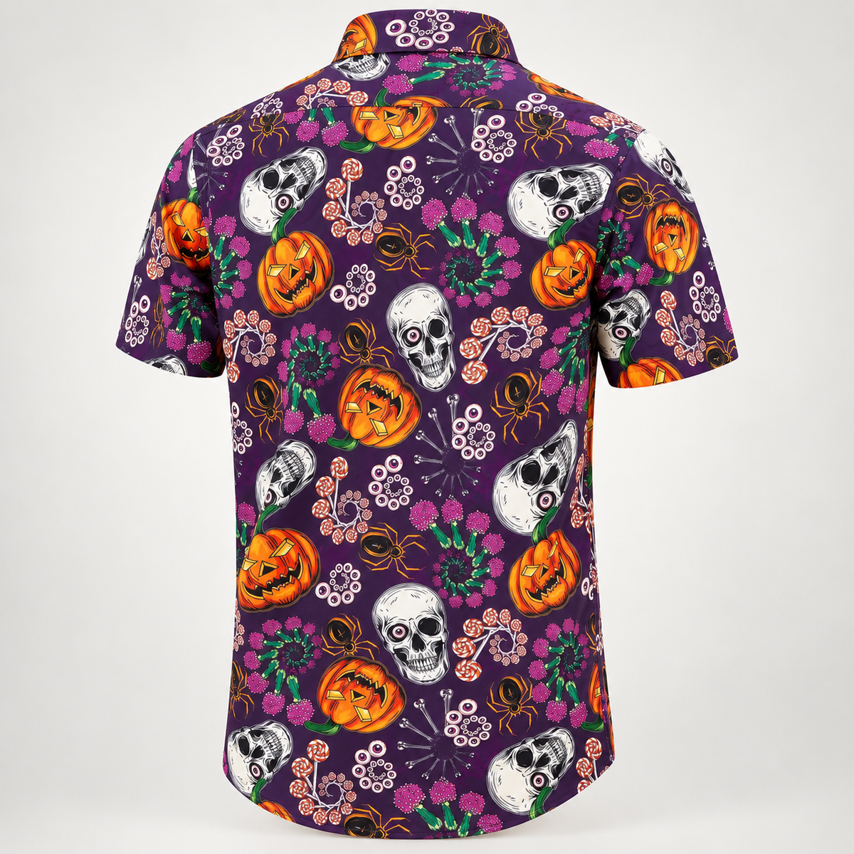 Purple pumpkin and skull Halloween Hawaiian shirt, back view
