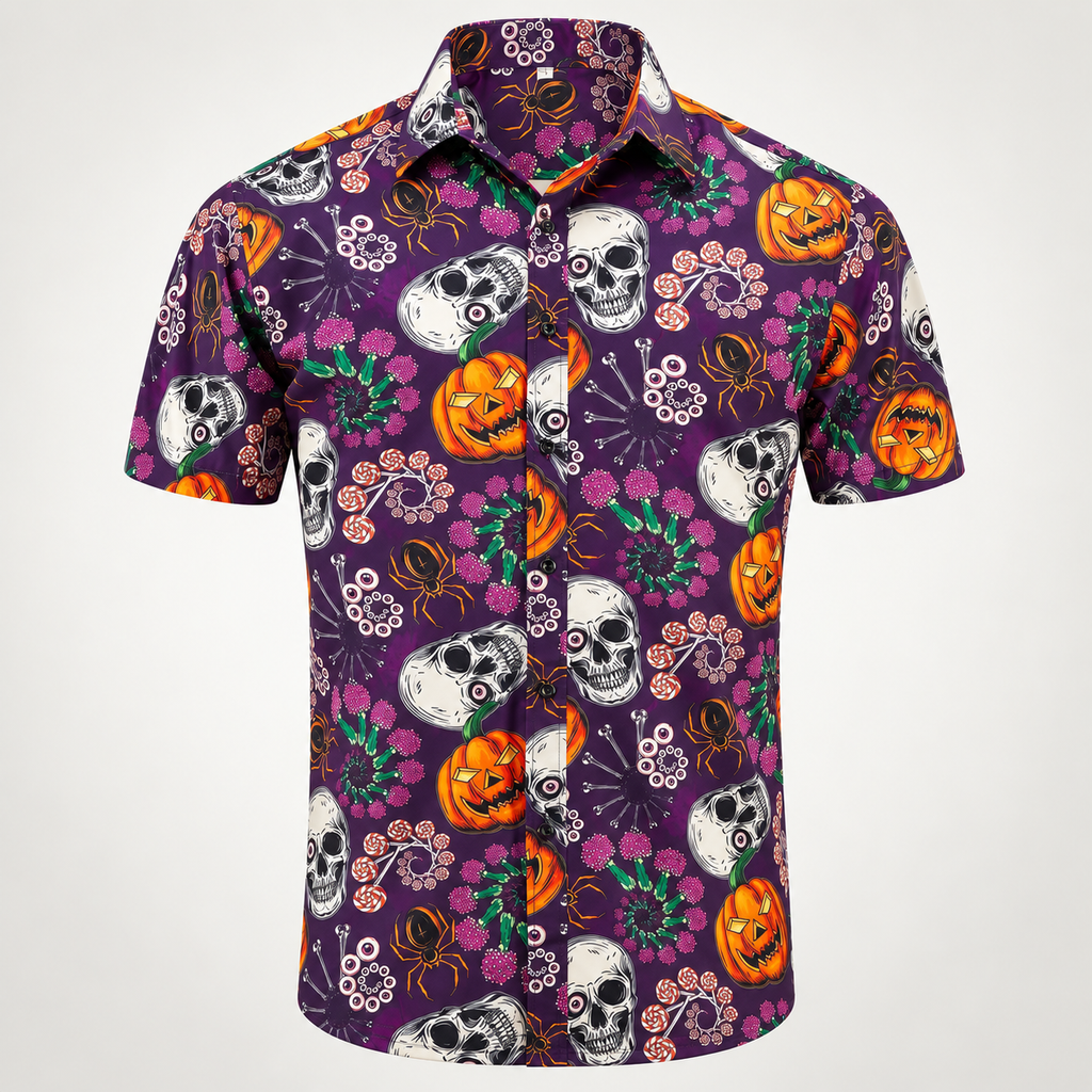 Purple pumpkin and skull Halloween Hawaiian shirt, front view