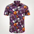 Purple pumpkin and skull Halloween Hawaiian shirt, front view