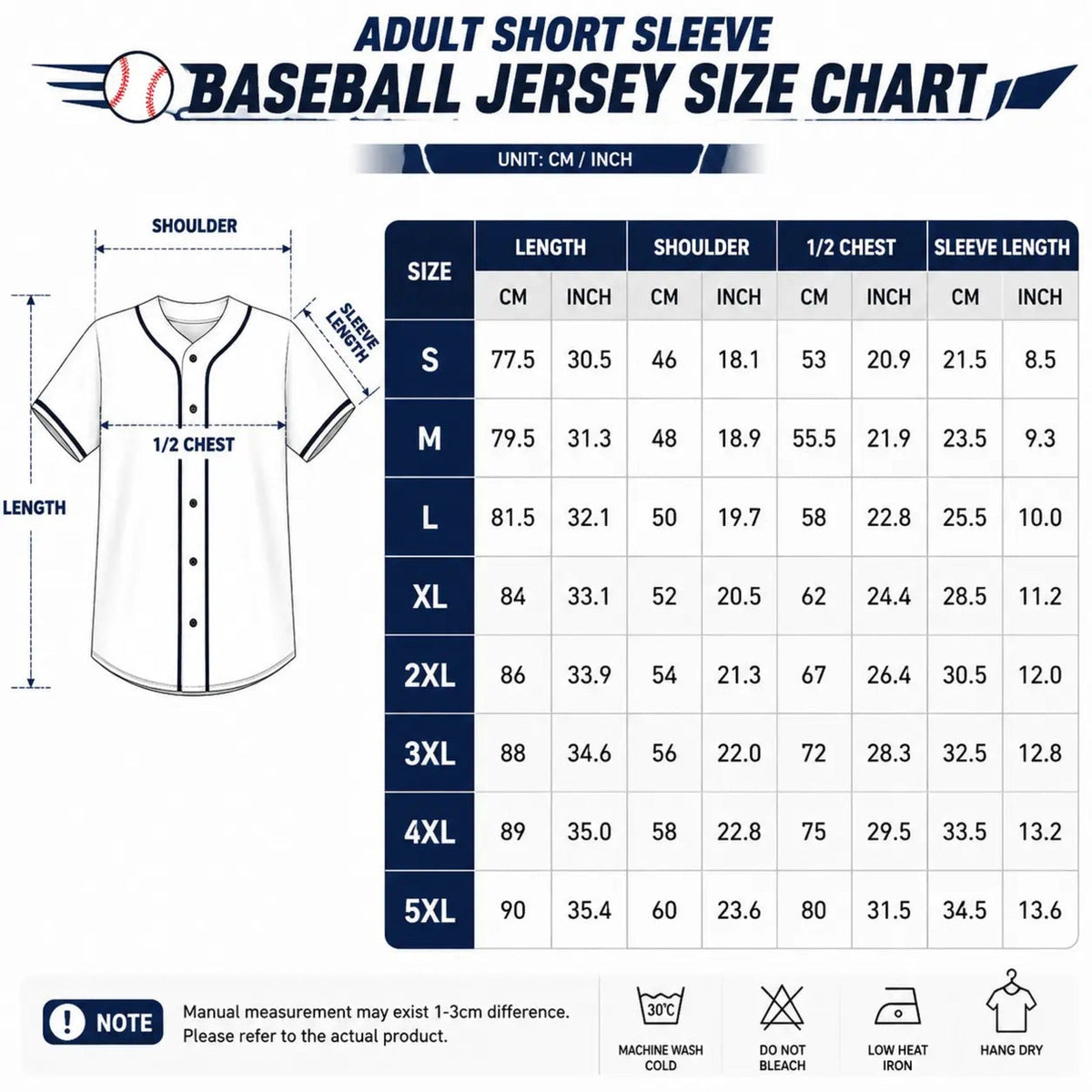 Baseball jersey size chart