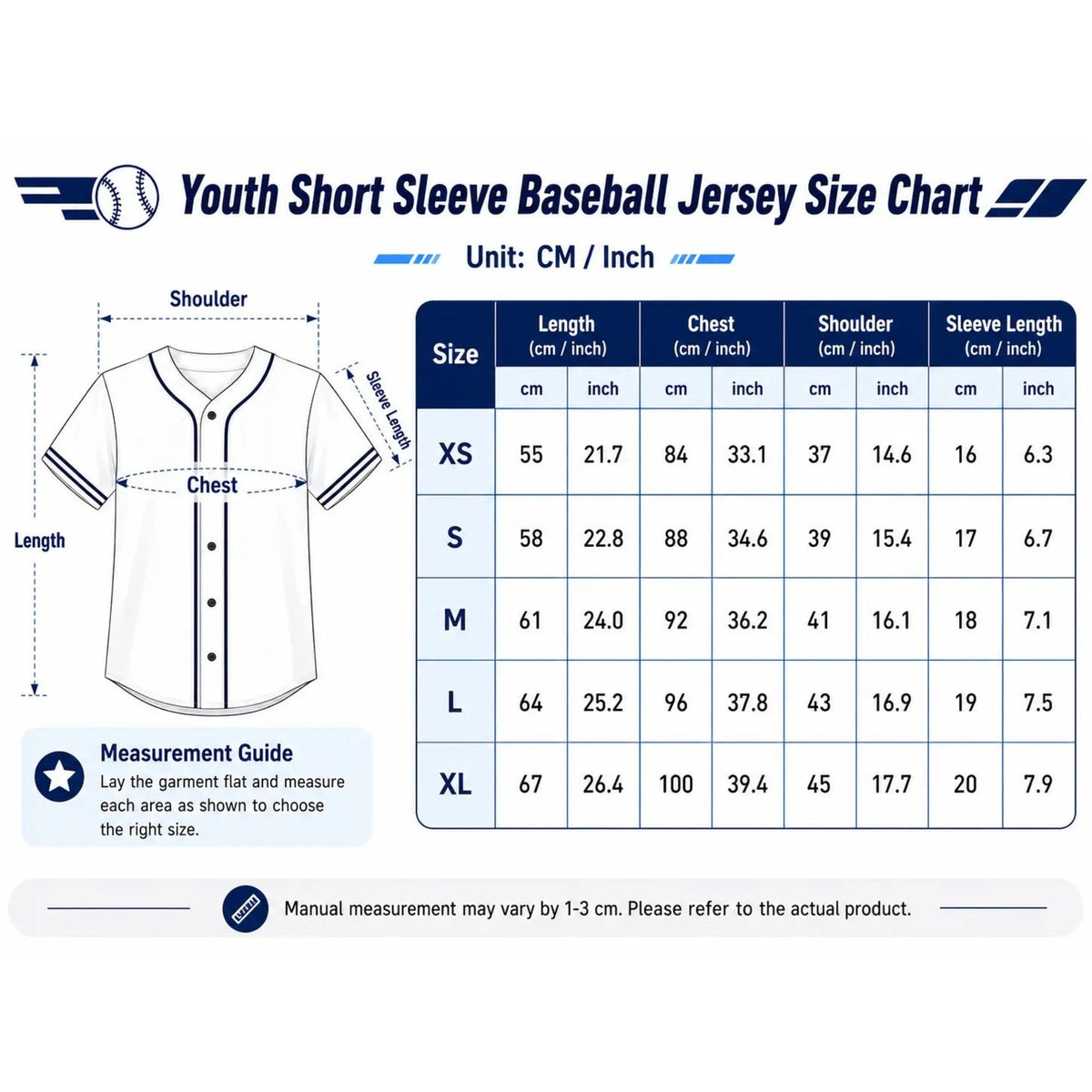Baseball jersey size chart