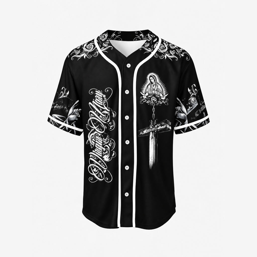 Virgin Mary Our Salvation Cross Rose Baseball Jersey - Black