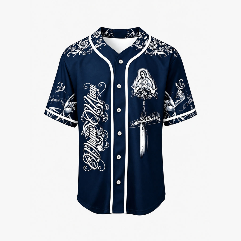 Virgin Mary Our Salvation Cross Rose Baseball Jersey - Blue