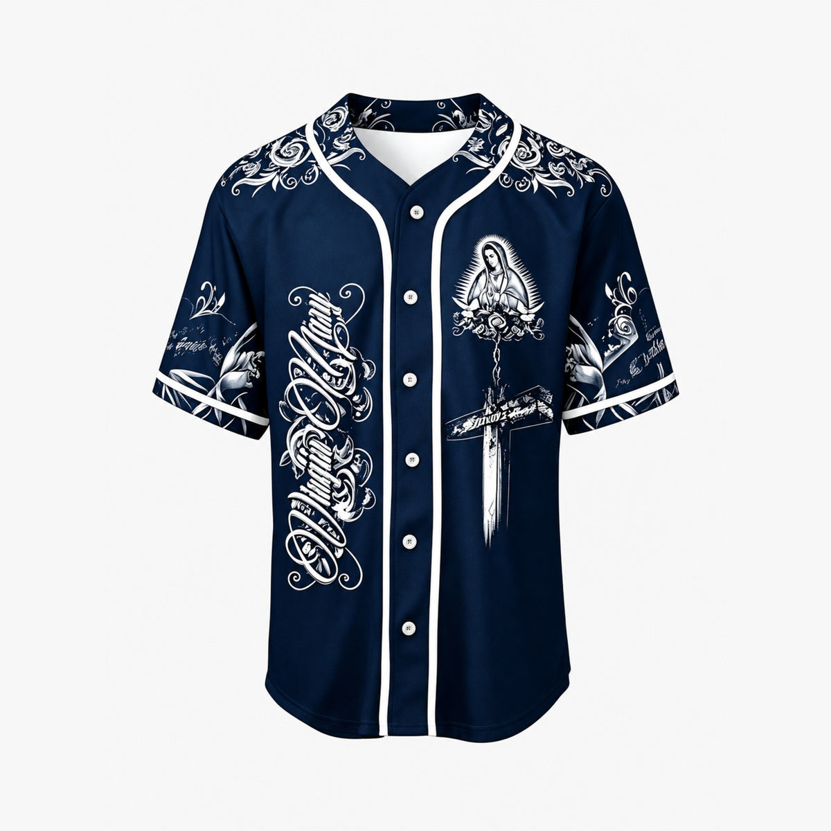 Virgin Mary Our Salvation Cross Rose Baseball Jersey - Blue