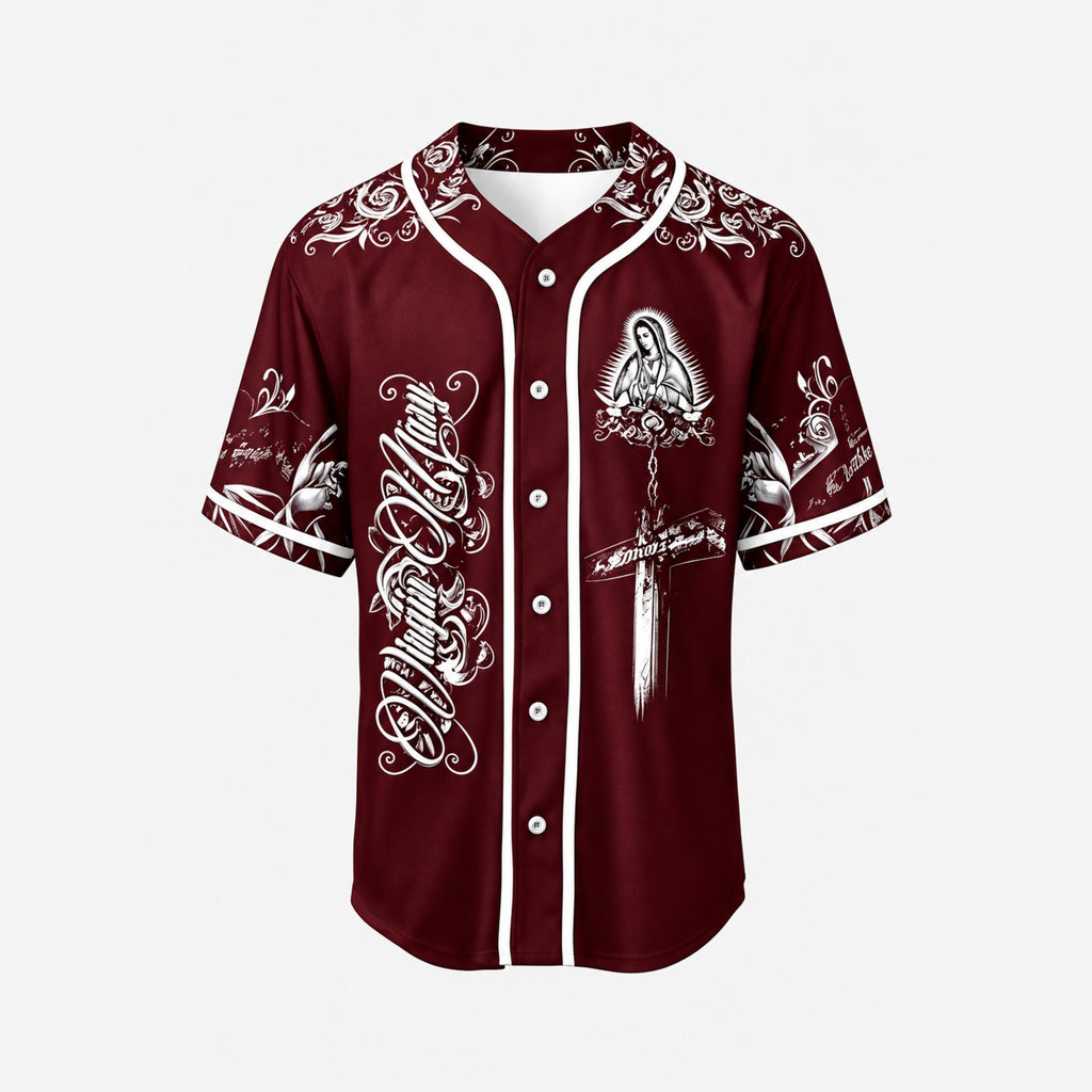 Virgin Mary Our Salvation Cross Rose Baseball Jersey - Wine Red