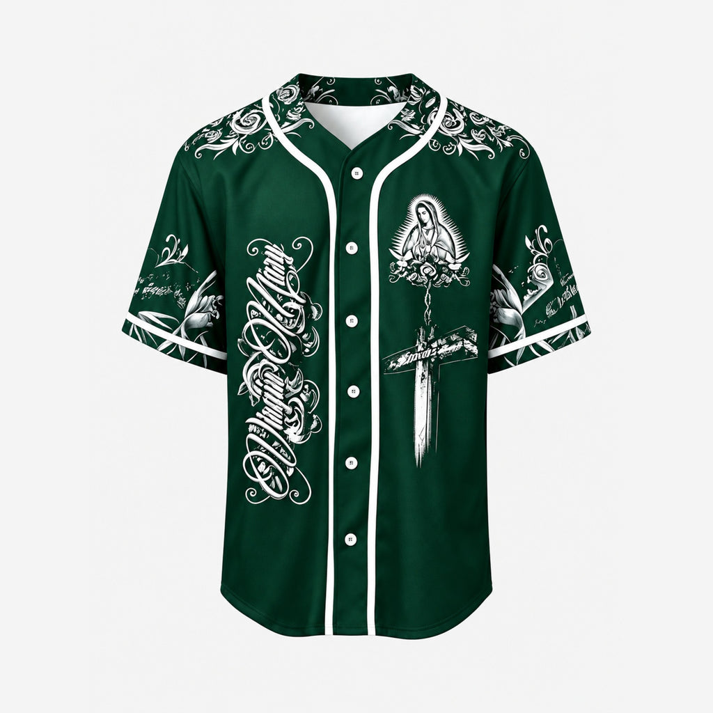 Virgin Mary Our Salvation Cross Rose Baseball Jersey - Leaf Green