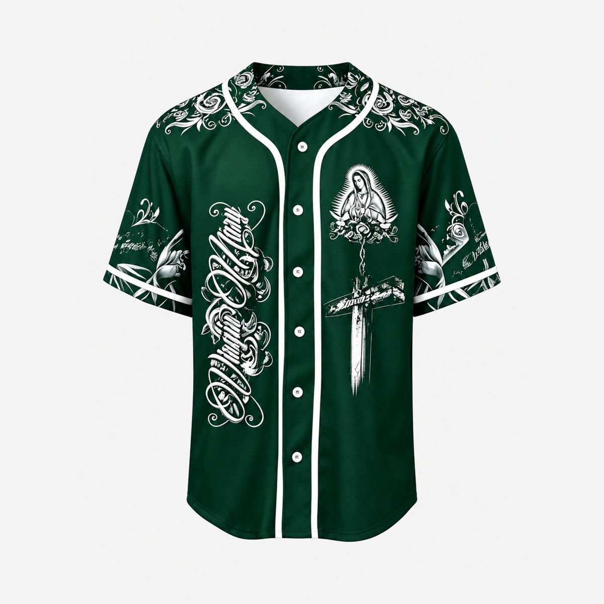 Virgin Mary Our Salvation Cross Rose Baseball Jersey - Leaf Green