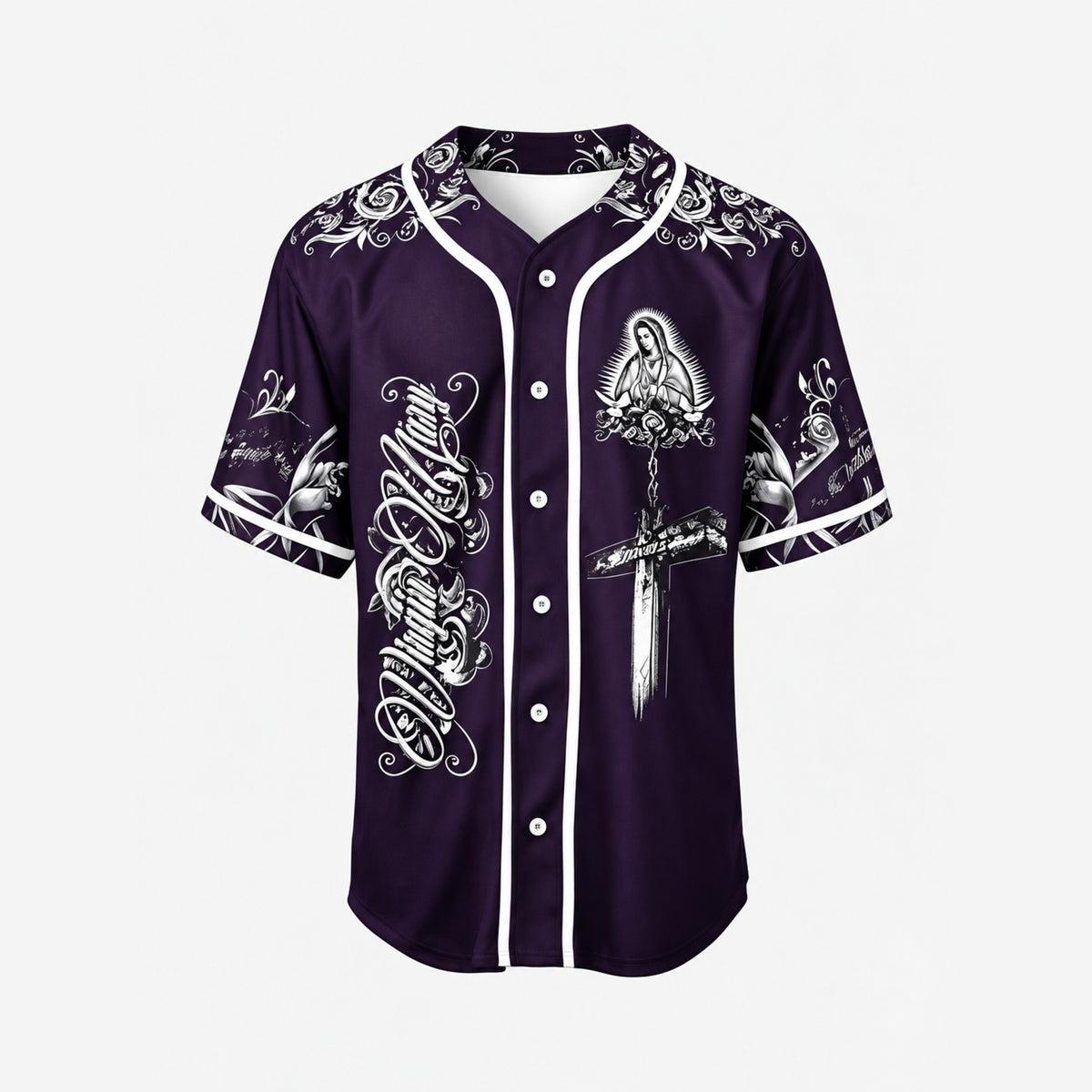 Virgin Mary Our Salvation Cross Rose Baseball Jersey - Purple