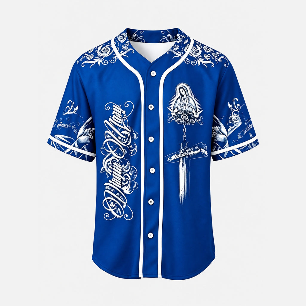 Virgin Mary Our Salvation Cross Rose Baseball Jersey - Sky Blue