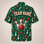 Custom Christmas bowling shirt back with team name above Santa-hat bowling pins
