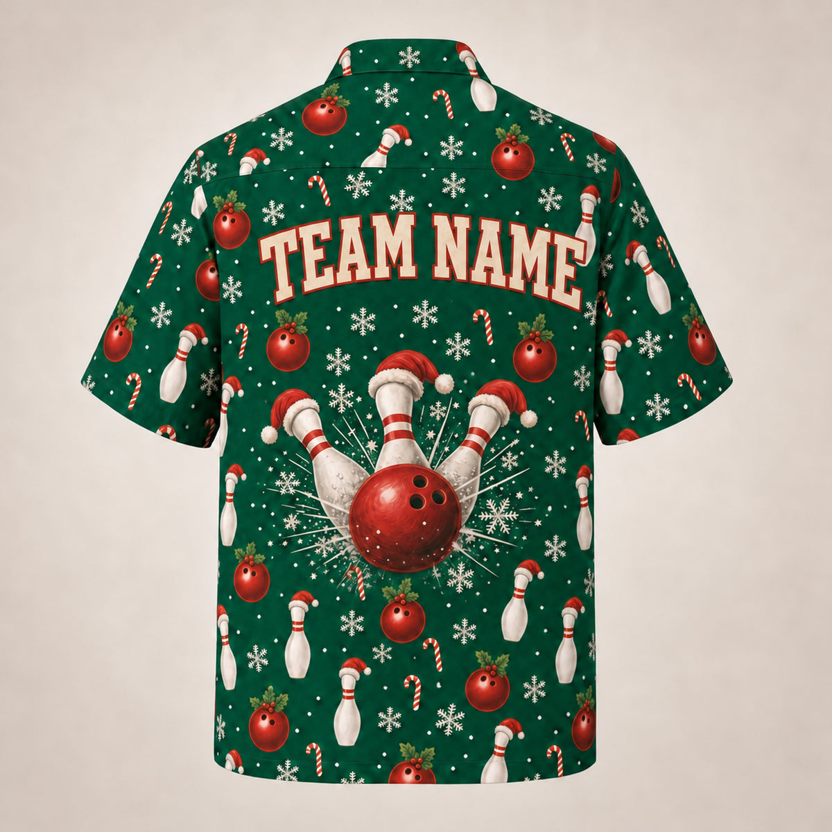 Custom Christmas bowling shirt back with team name above Santa-hat bowling pins