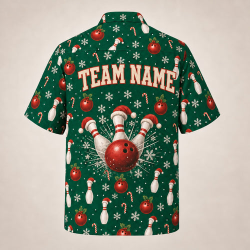 Custom Christmas bowling shirt back with team name above Santa-hat bowling pins
