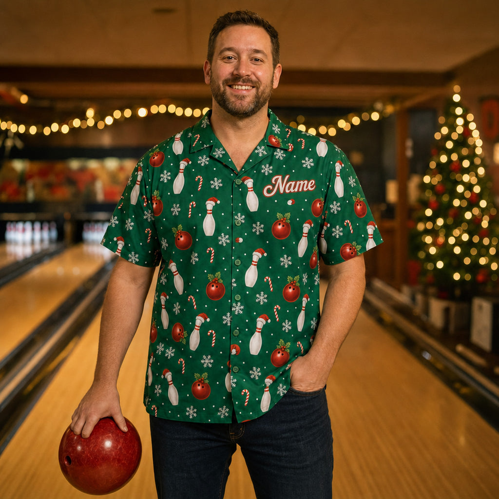Man wearing the Christmas bowling shirt at a bowling alley