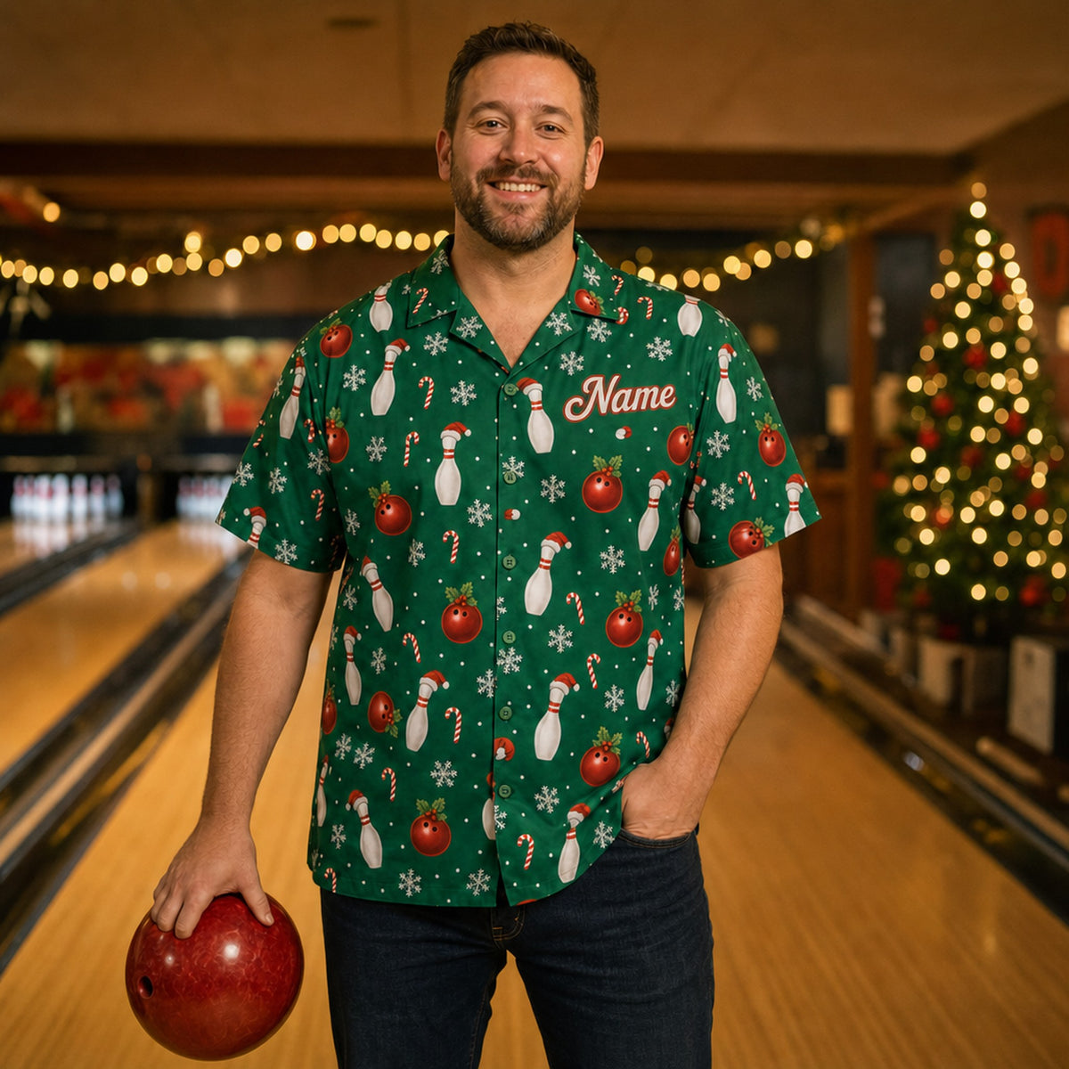 Man wearing the Christmas bowling shirt at a bowling alley