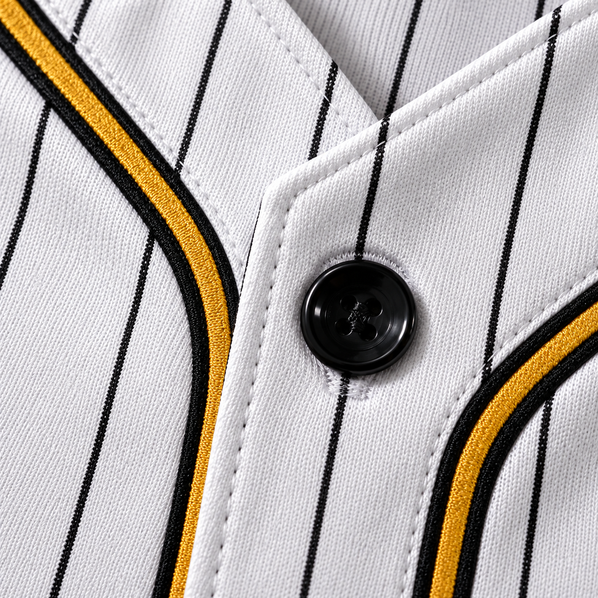 Close-up of the jersey fabric, pinstripes, gold and black placket piping and button