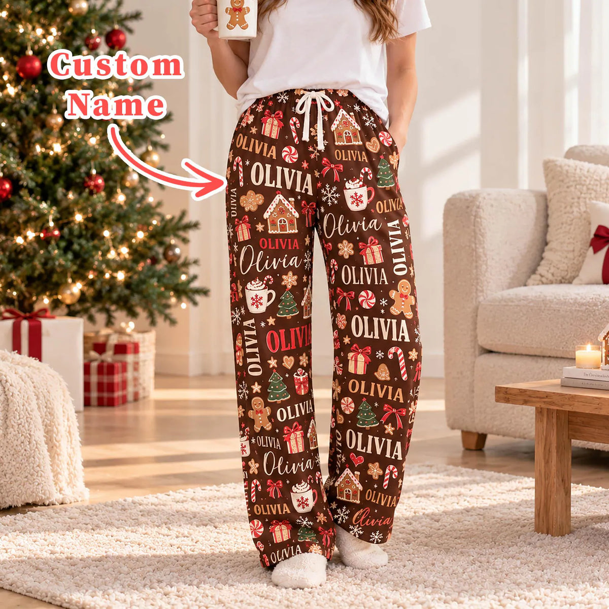 Personalized Name Christmas Pajama Pants, Custom Gingerbread Print