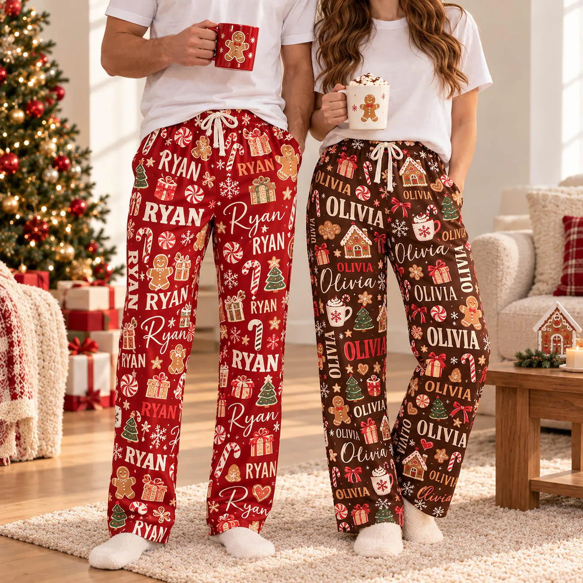 Personalized Name Christmas Pajama Pants, Custom Gingerbread Print