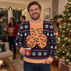 Model wearing the ugly Christmas sweater